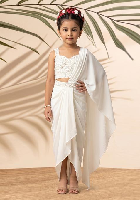 Girls White Embellished Blouse Georgette Pre Draped Saree Set