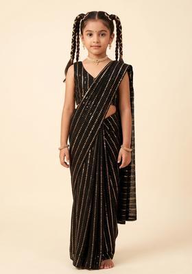 Girls Black Sequins Embroidery Net Pre Draped Saree Set