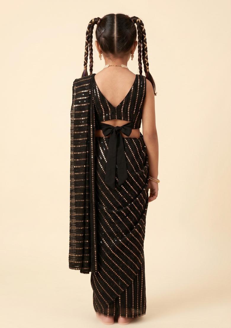 Girls Black Sequins Embroidery Net Pre Draped Saree Set - Indya
