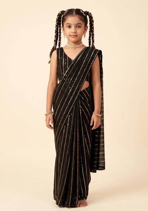 Girls Black Sequins Embroidery Net Pre Draped Saree Set