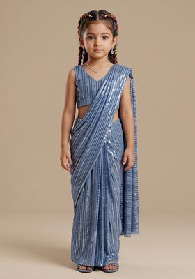 Girls Blue Sequins Embroidery Net Pre Draped Saree Set