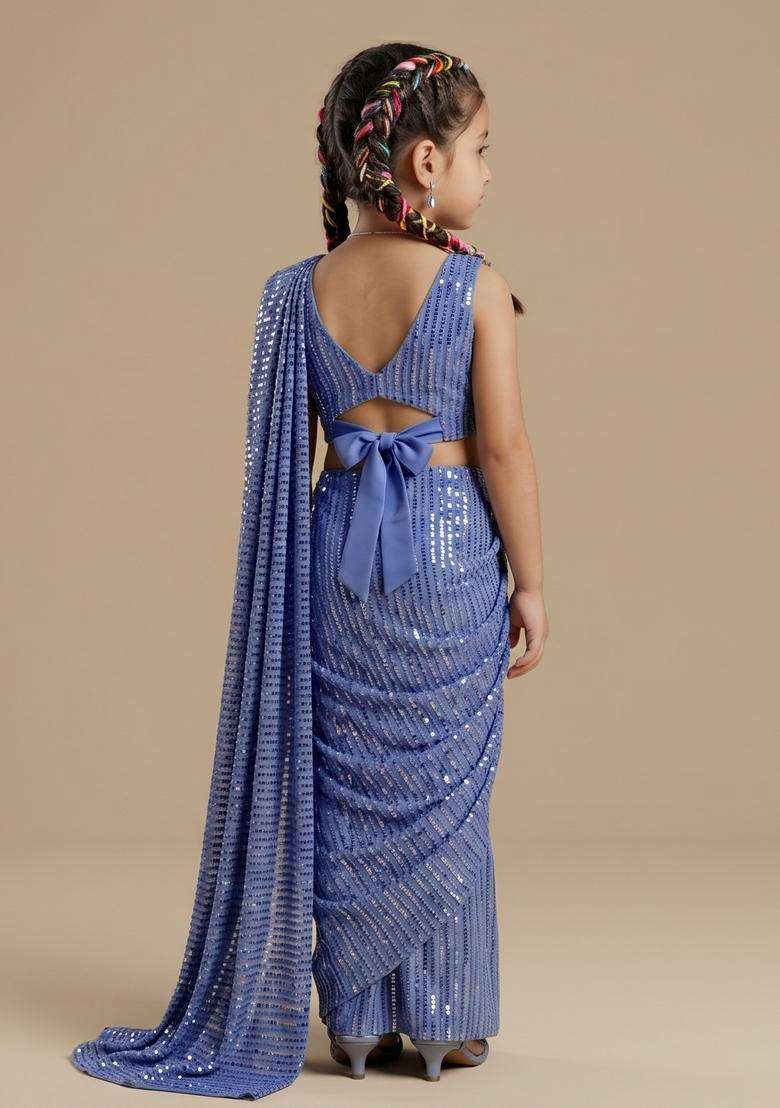 Girls Blue Sequins Embroidery Net Pre Draped Saree Set - Indya
