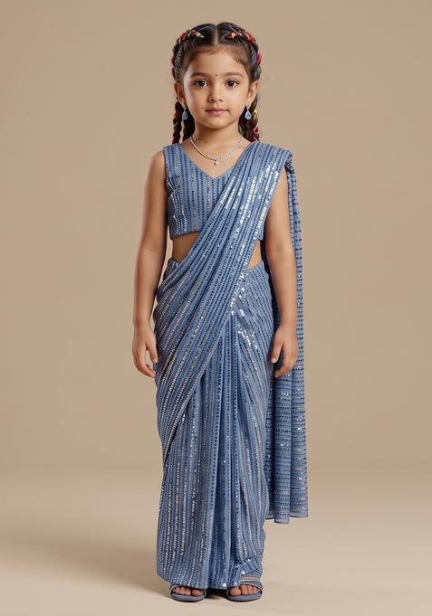Girls Blue Sequins Embroidery Net Pre Draped Saree Set