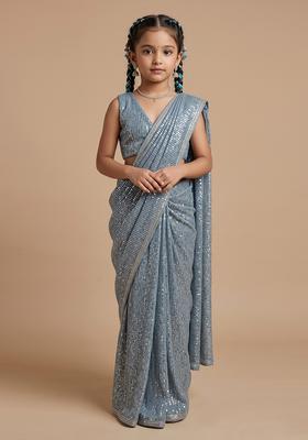 Girls Blue Sequins Embroidery Net Pre Draped Saree Set