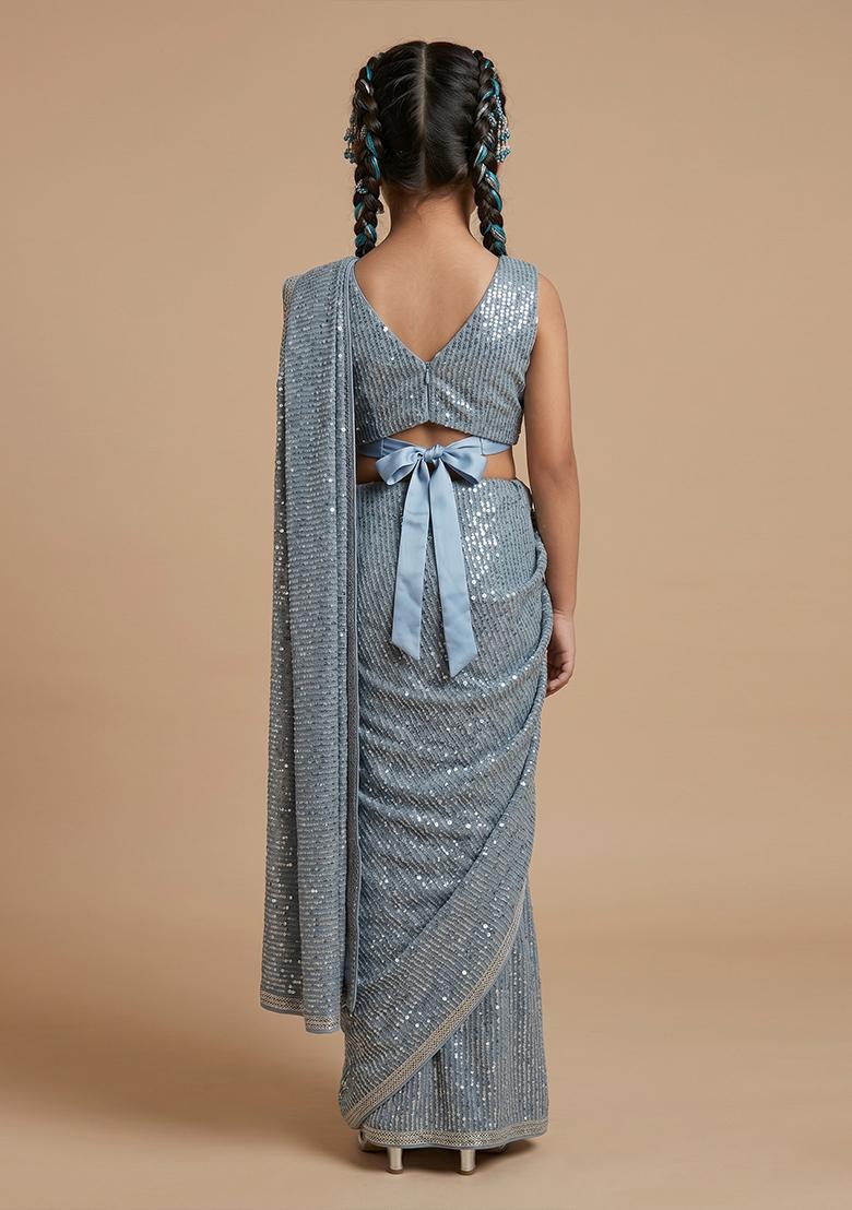 Girls Blue Sequins Embroidery Net Pre Draped Saree Set - Indya