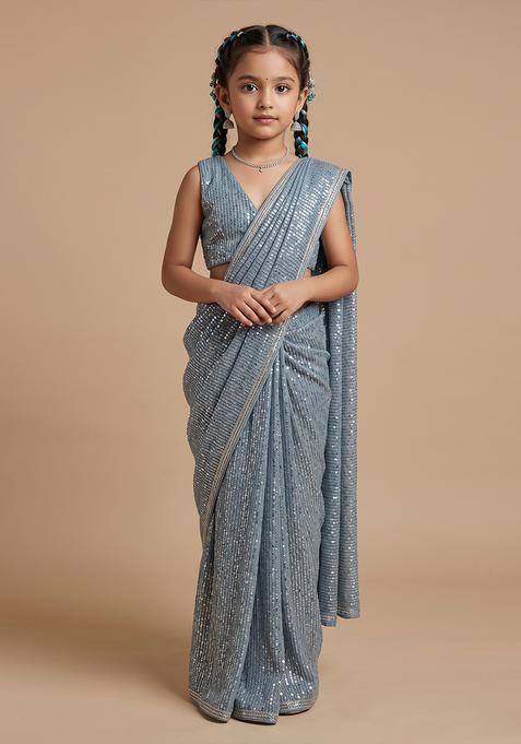 Girls Blue Sequins Embroidery Net Pre Draped Saree Set
