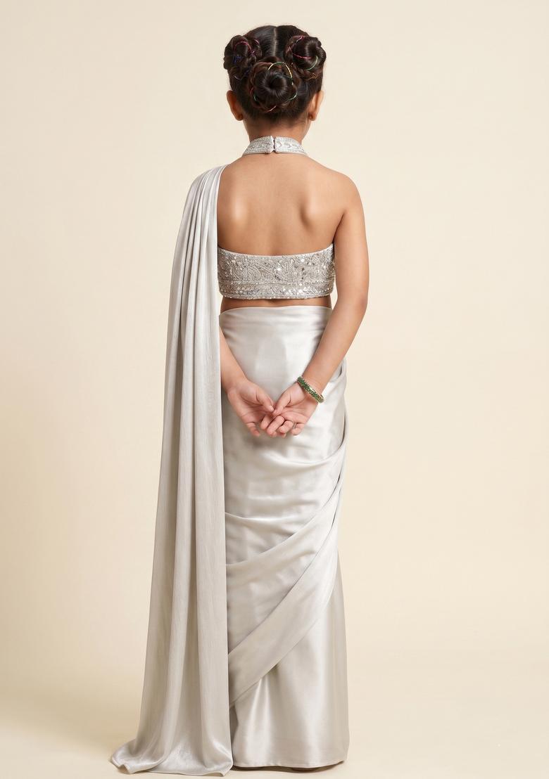 Girls White Sequin Net Pre Draped Saree Set - Indya