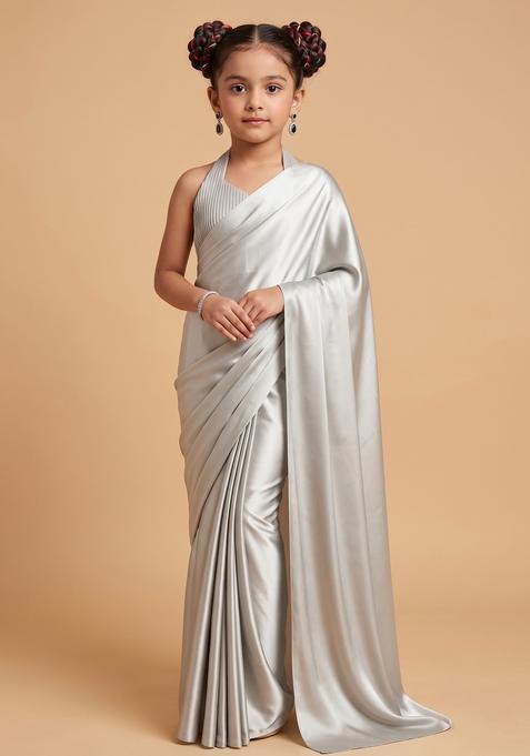 Girls White Sequin Net Pre Draped Saree Set