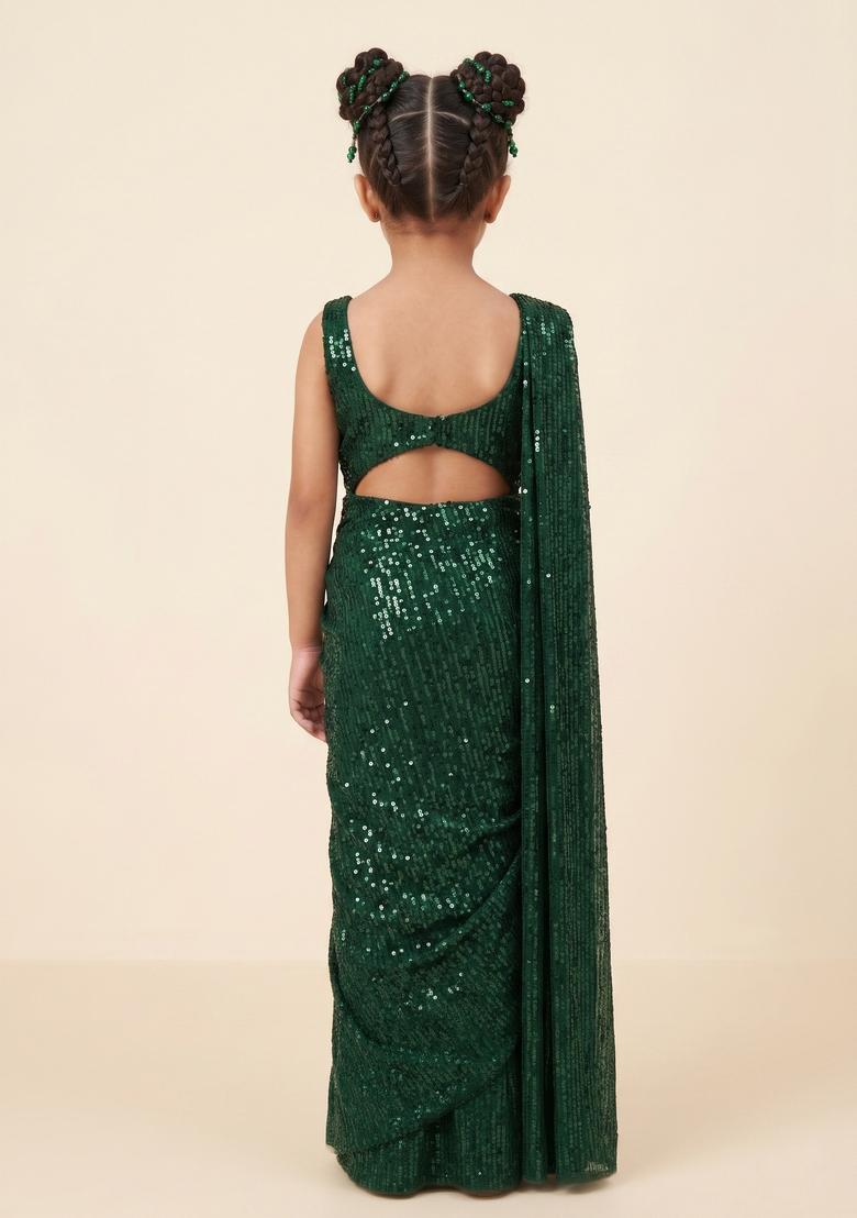 Girls Green Sequin Net Pre Draped Saree Set - Indya