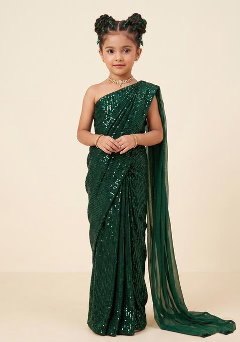Girls Green Sequin Net Pre Draped Saree Set