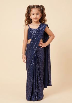 Girls Blue Sequin Net Pre Draped Saree Set