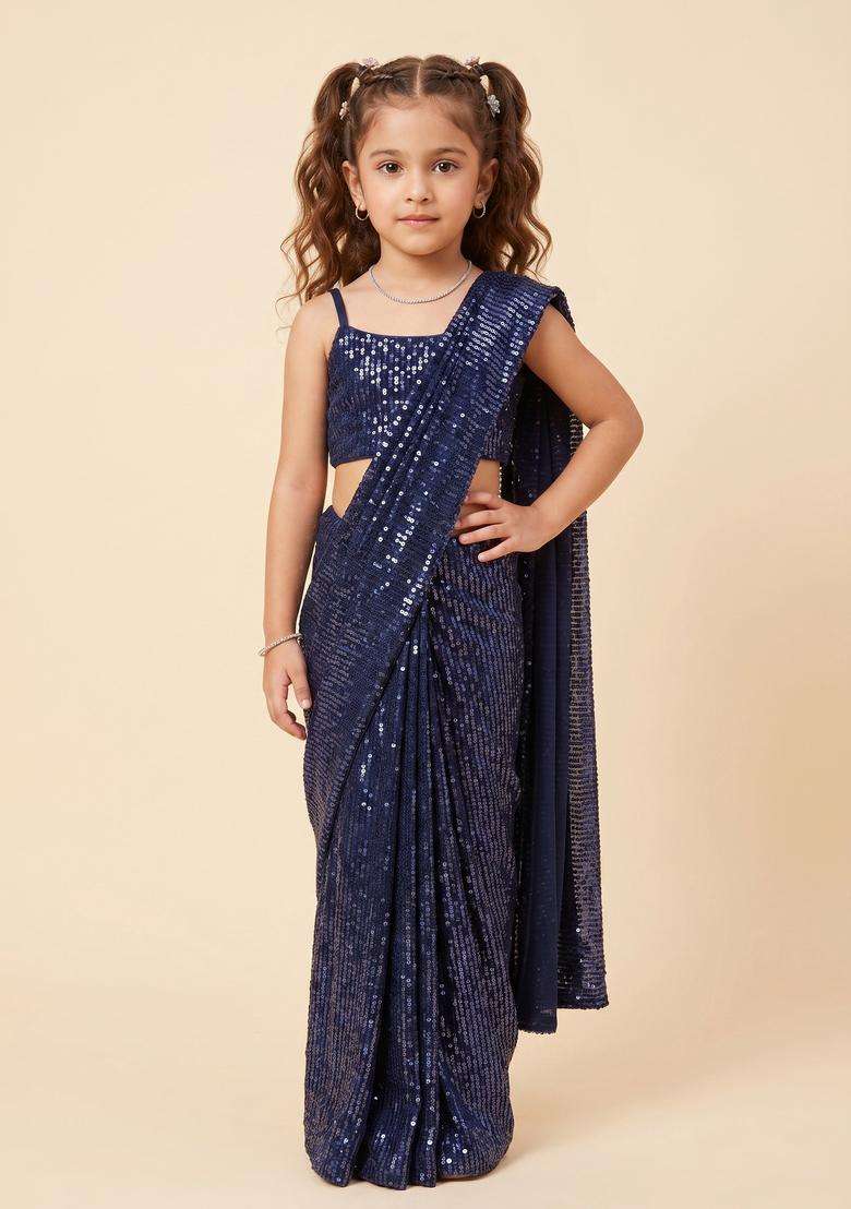 Girls Blue Sequin Net Pre Draped Saree Set - Indya