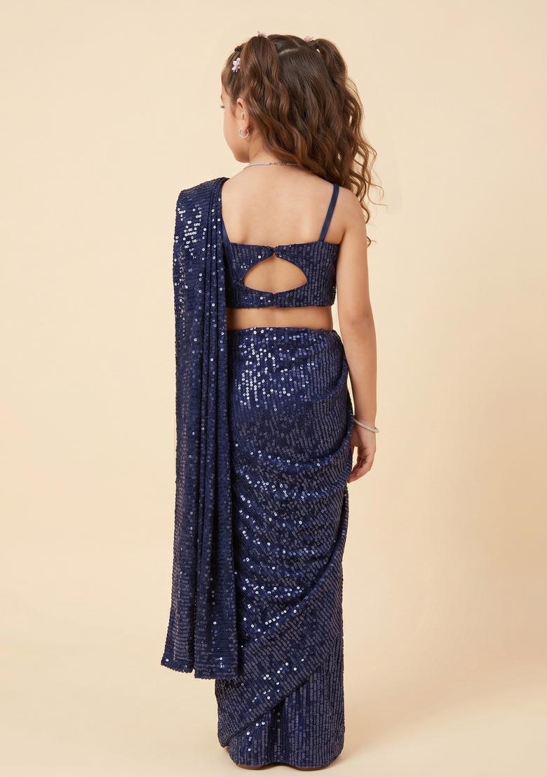 Girls Blue Sequin Net Pre Draped Saree Set - Indya
