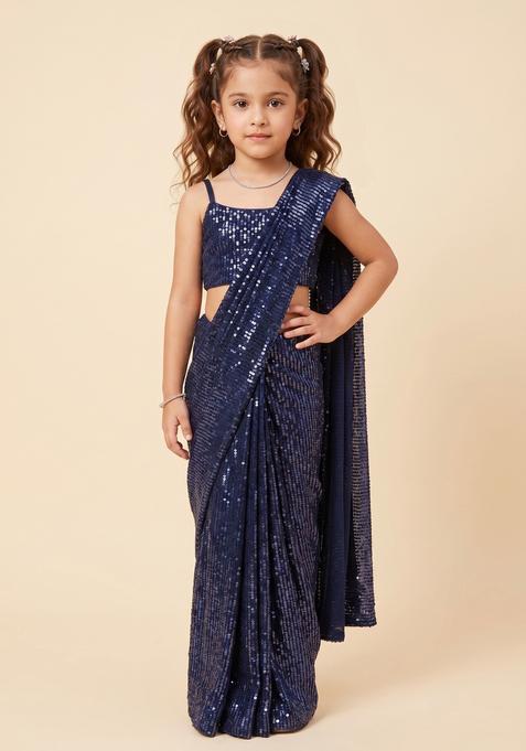 Girls Blue Sequin Net Pre Draped Saree Set
