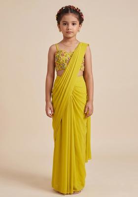 Girls Yellow Embroidery Blouse Crepe Pre Draped Saree Set