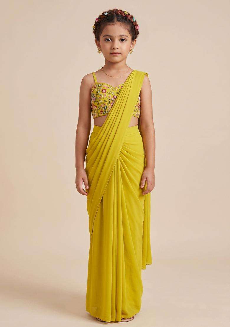Girls Yellow Embroidery Blouse Crepe Pre Draped Saree Set - Indya