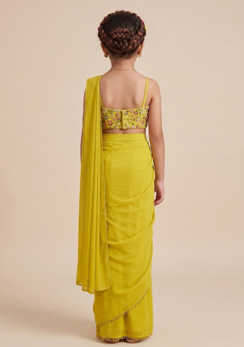 Girls Yellow Embroidery Blouse Crepe Pre Draped Saree Set - Indya