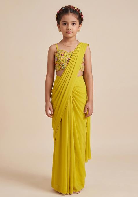 Girls Yellow Embroidery Blouse Crepe Pre Draped Saree Set