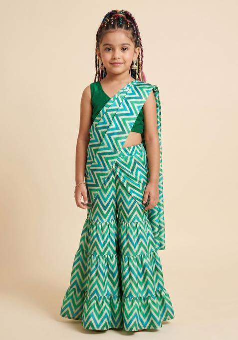 Girls Green Abstract Print Chinon Pre Draped Saree Set