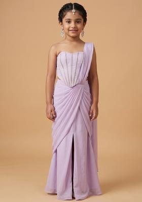 Girls Lilac Hand Work Crepe Pre Draped Saree Set