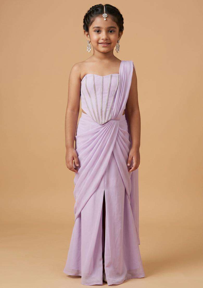Girls Lilac Hand Work Crepe Pre Draped Saree Set - Indya