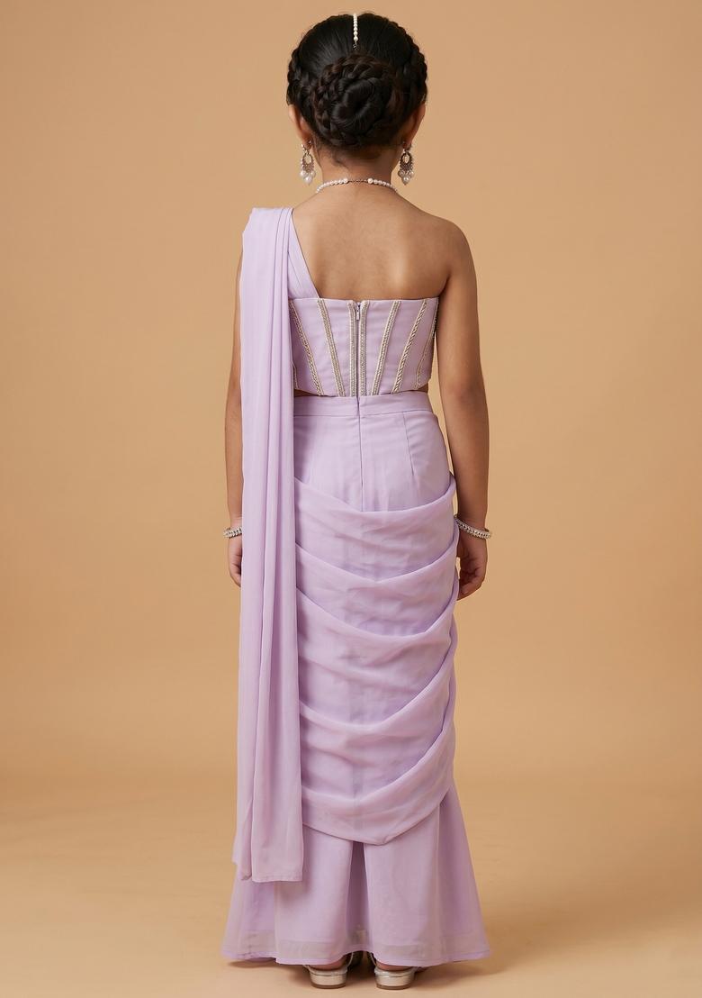 Girls Lilac Hand Work Crepe Pre Draped Saree Set - Indya