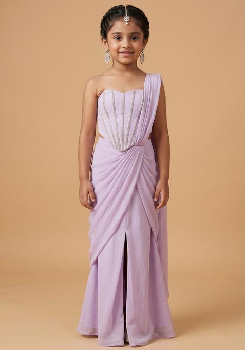 Girls Lilac Hand Work Crepe Pre Draped Saree Set