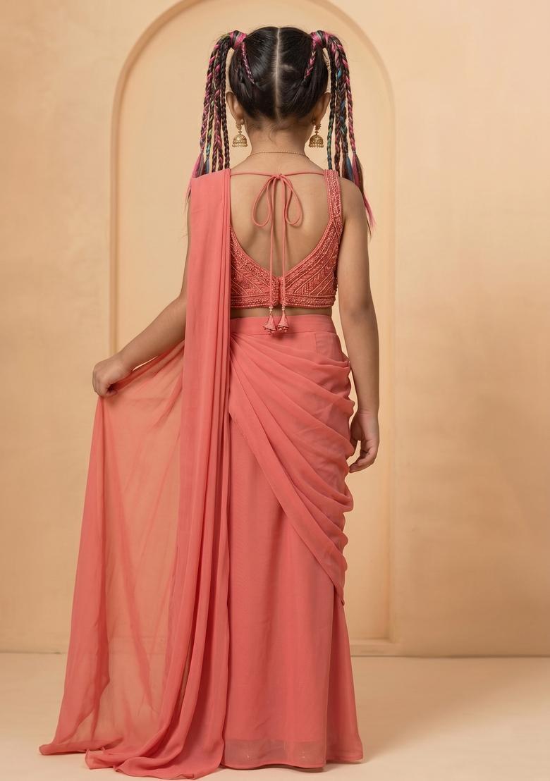 Girls Coral Hand Work Embellished Georgette Pre Draped Saree Set - Indya