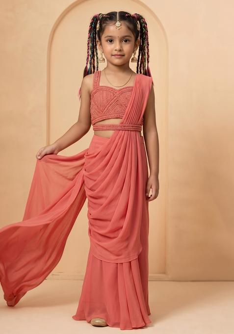 Girls Coral Hand Work Embellished Georgette Pre Draped Saree Set