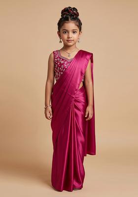 Girls Berry Pink Hand Work Embellished Georgette Pre Draped Saree Set