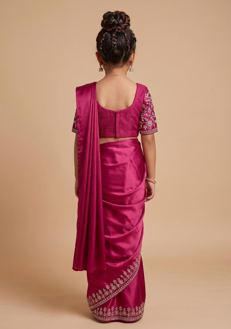 Girls Berry Pink Hand Work Embellished Georgette Pre Draped Saree Set - Indya
