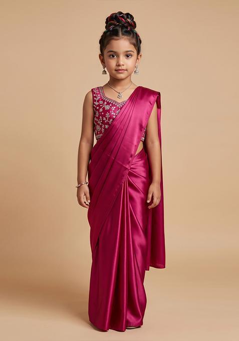 Girls Berry Pink Hand Work Embellished Georgette Pre Draped Saree Set