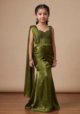 Girls Olive Green Hand Work Embellished Silk Pre Draped Saree Set