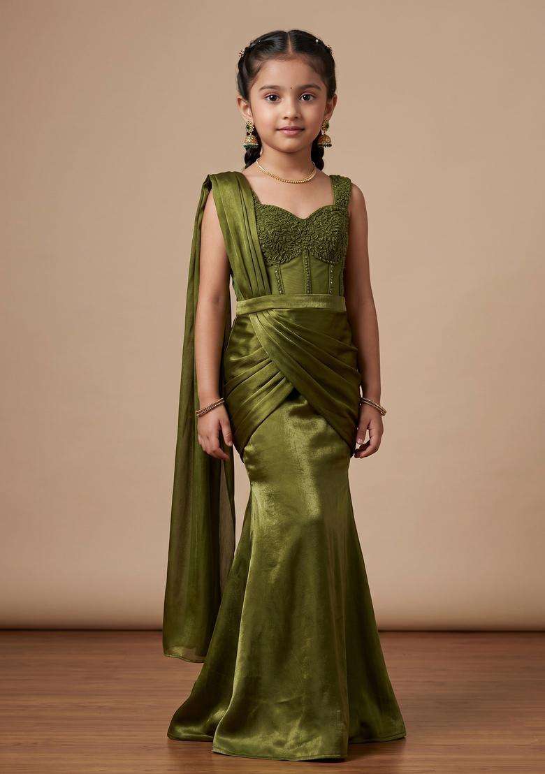Girls Olive Green Hand Work Embellished Silk Pre Draped Saree Set - Indya