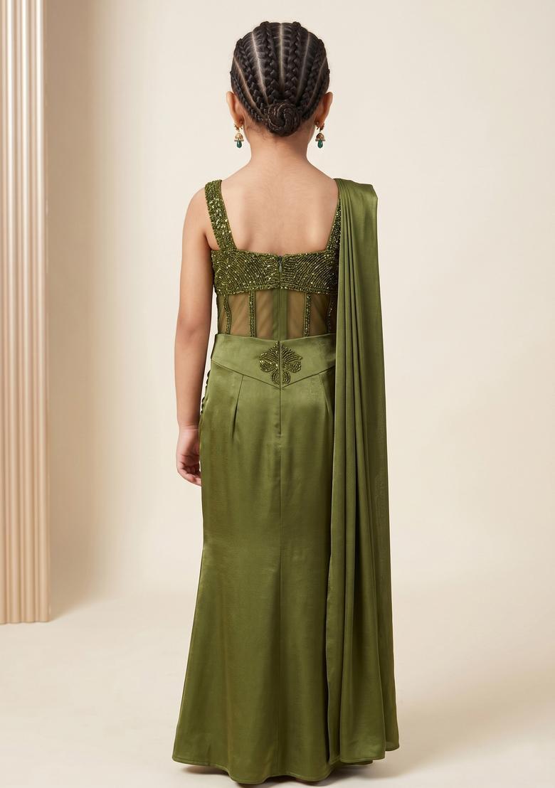 Girls Olive Green Hand Work Embellished Silk Pre Draped Saree Set - Indya