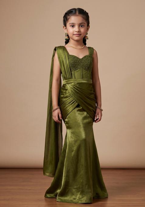 Girls Olive Green Hand Work Embellished Silk Pre Draped Saree Set