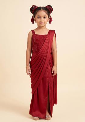 Girls Bright Red Hand Work Embellished Pre Draped Saree Set