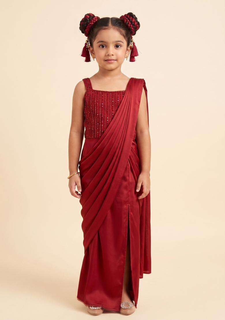 Girls Bright Red Hand Work Embellished Pre Draped Saree Set - Indya