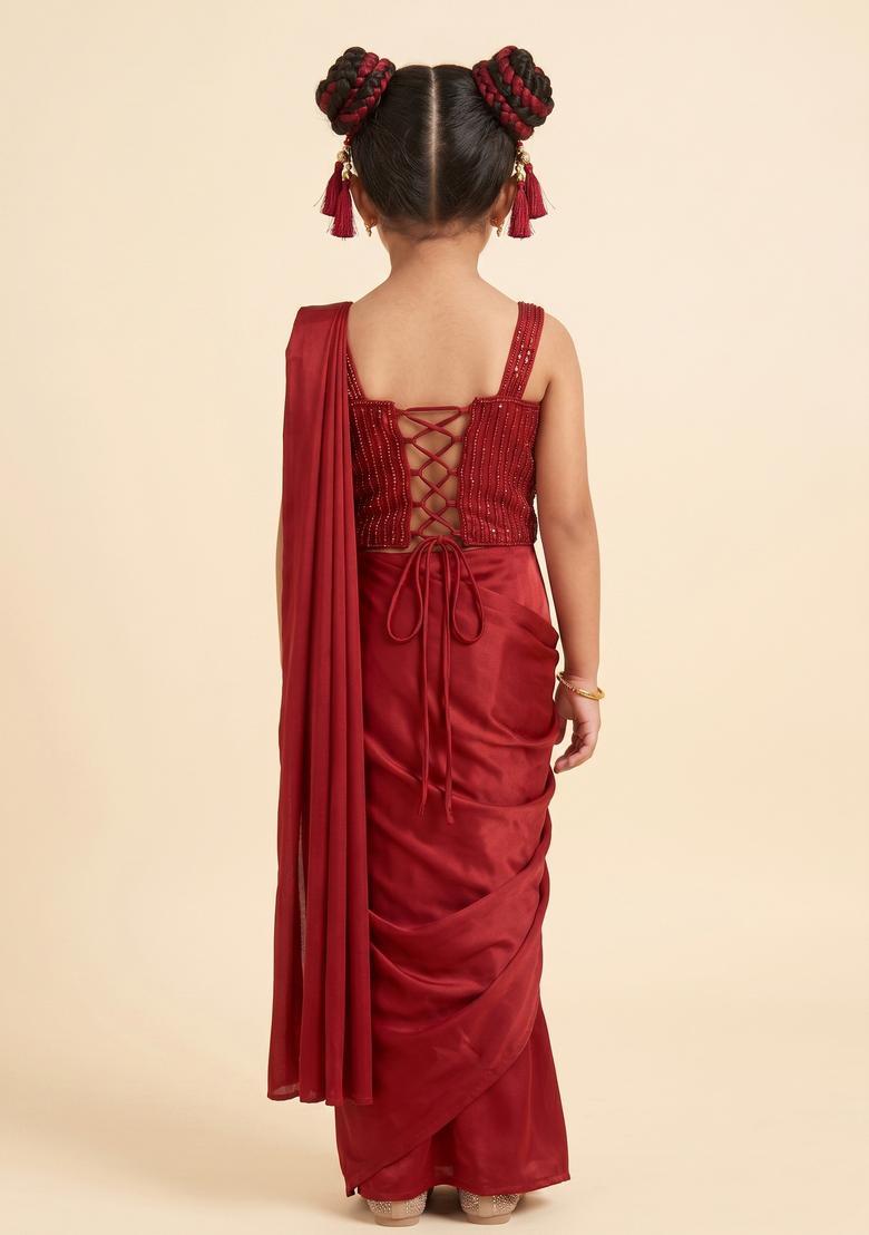 Girls Bright Red Hand Work Embellished Pre Draped Saree Set - Indya