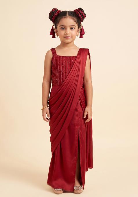 Girls Bright Red Hand Work Embellished Pre Draped Saree Set