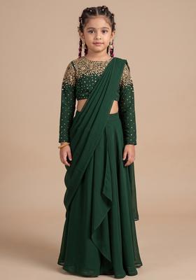 Girls Green Hand Work Embellished Pre Draped Saree Set