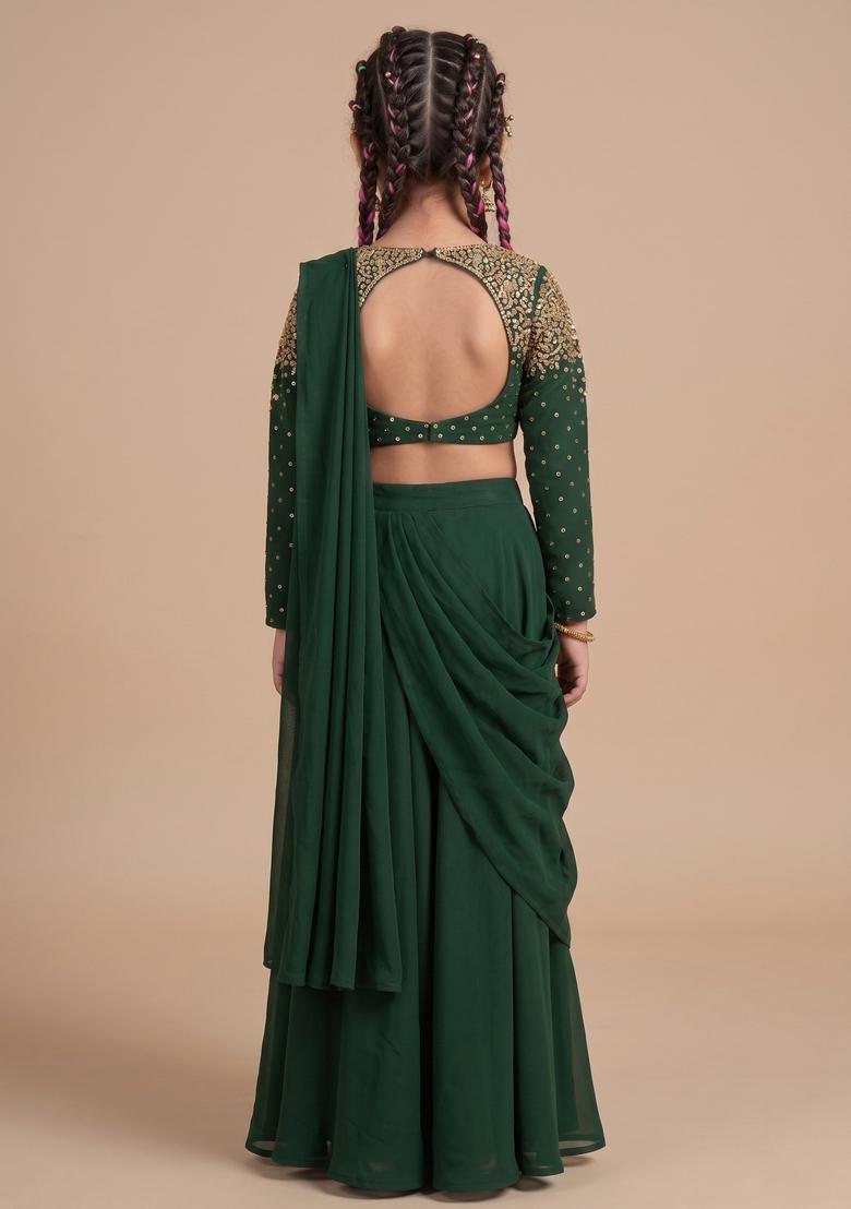 Girls Green Hand Work Embellished Pre Draped Saree Set - Indya