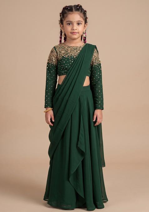 Girls Green Hand Work Embellished Pre Draped Saree Set
