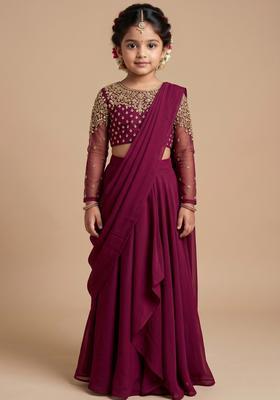 Girls Pink Hand Work Embellished Pre Draped Saree Set