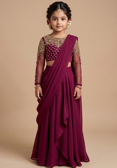 Girls Pink Hand Work Embellished Pre Draped Saree Set