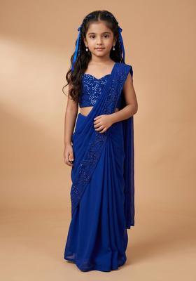 Girls Blue Hand Work Embellished Pre Draped Saree Set