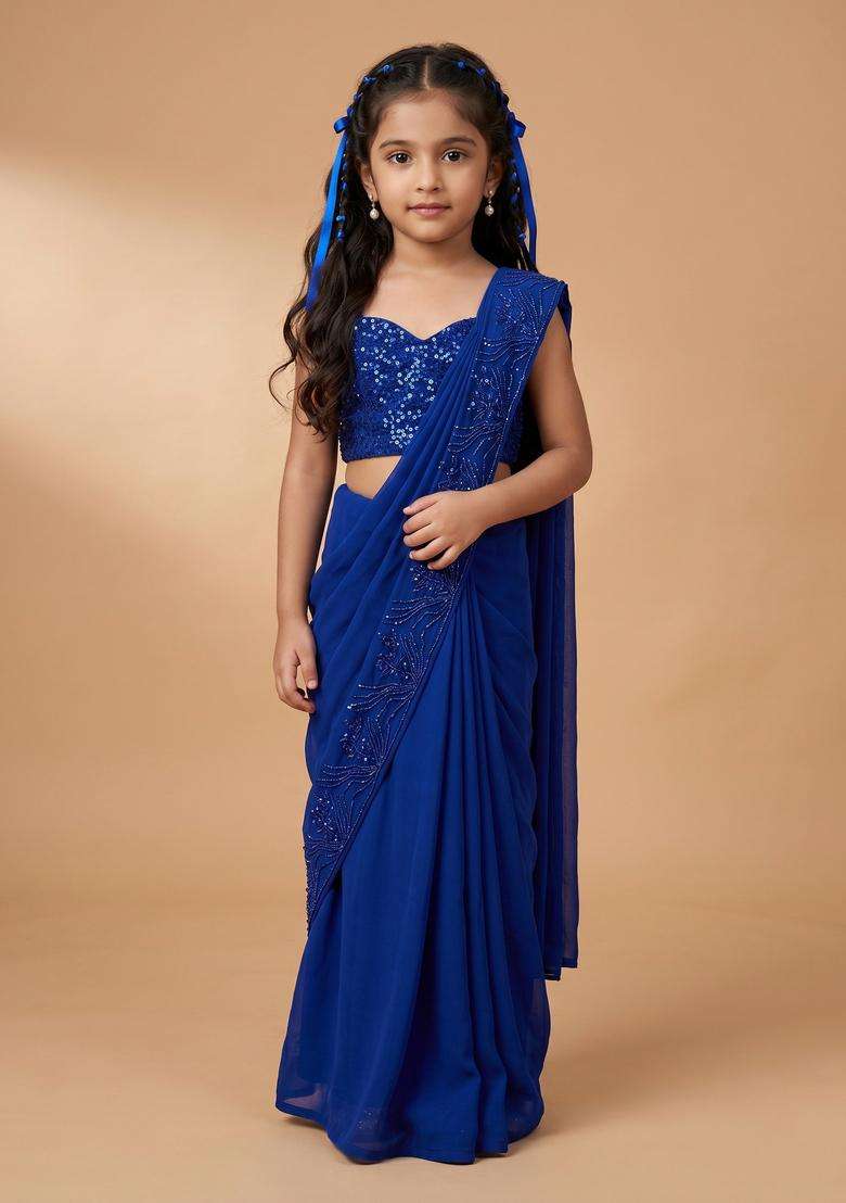 Girls Blue Hand Work Embellished Pre Draped Saree Set - Indya
