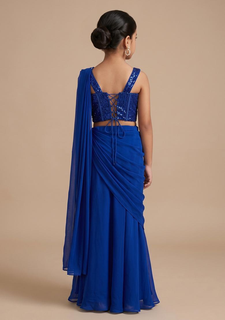 Girls Blue Hand Work Embellished Pre Draped Saree Set - Indya