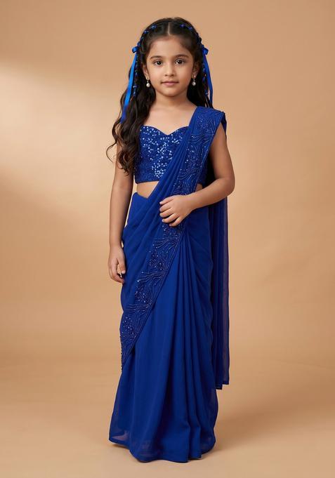 Girls Blue Hand Work Embellished Pre Draped Saree Set