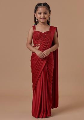 Girls Bright Red Hand Work Embellished Pre Draped Saree Set